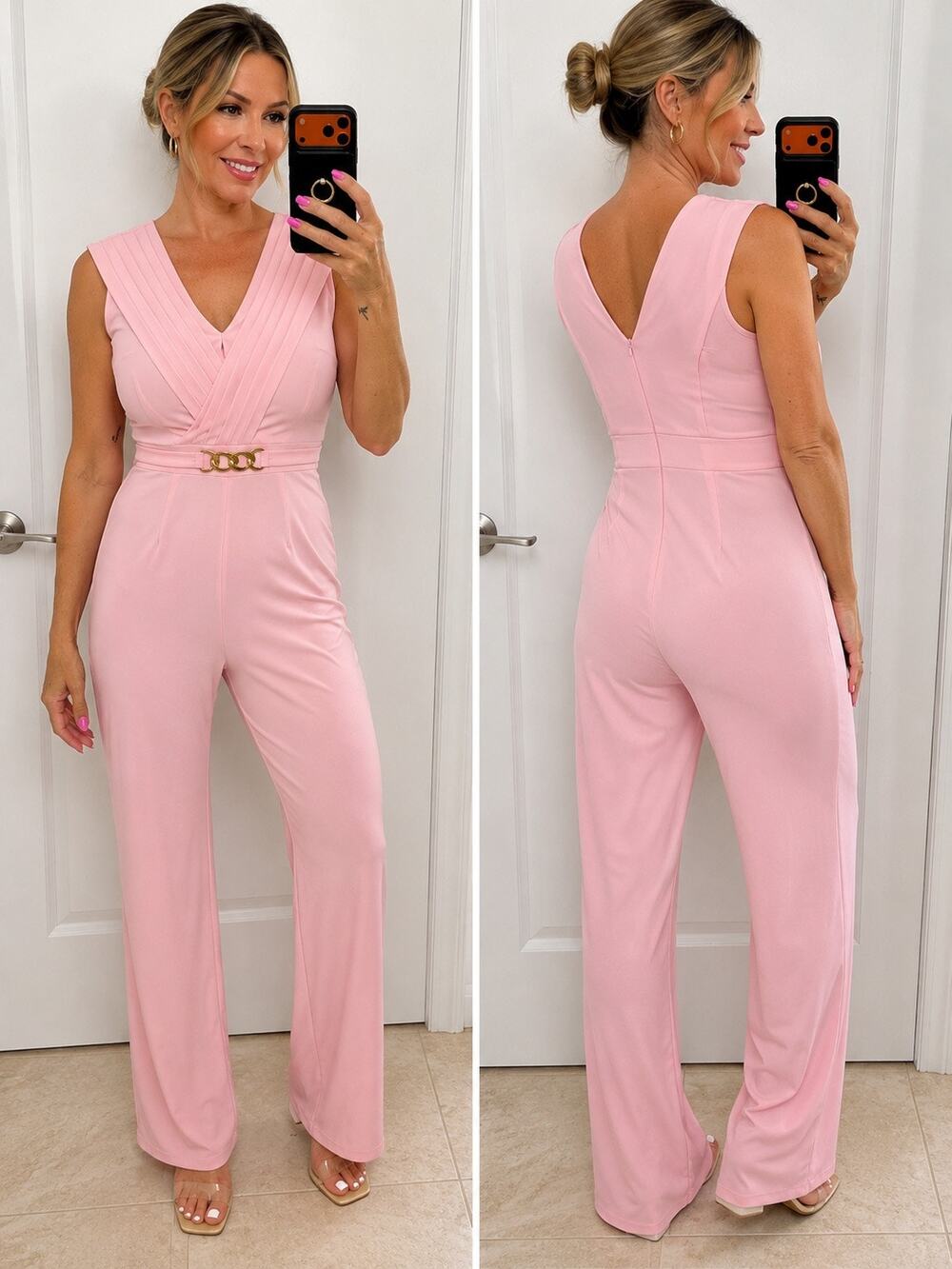 Pink Pleated V-Neck Wide Leg Jumpsuit Gold Chain Belt Size Small